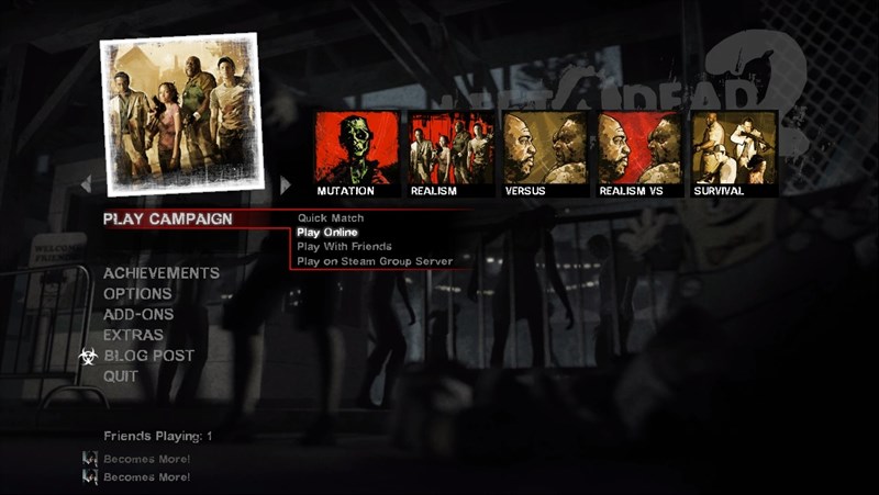Khởi động Left 4 Dead 2 và chọn "Play Campaign," sau đó chọn "Play Online."
